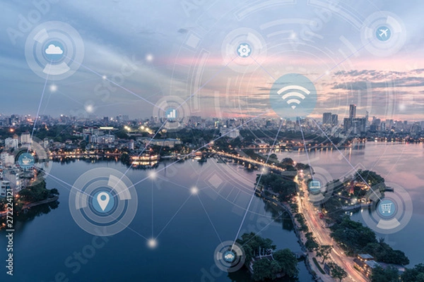 Fototapeta Smart city and wireless communication network concept. Digital network connection lines of Hanoi city at West Lake or Ho Tay