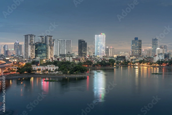 Fototapeta Aerial skyline view of Hanoi at Hoang Cau lake. Hanoi cityscape by sunset period