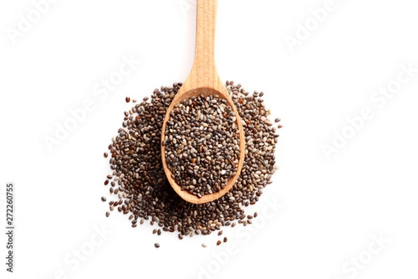 Fototapeta Chia seeds in a wooden spoon isolated on white background