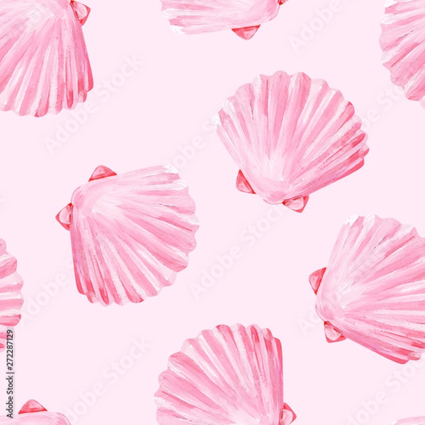 Fototapeta Gouache seamless uniform beach pearl pink seashells on pink background