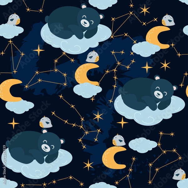 Obraz seamless pattern with sleeping bear on a starry sky background - vector illustration, eps
