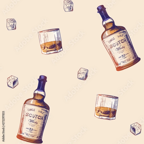 Fototapeta Whiskey making process from grain to bottle. Scotch whiskey bottle, glass with some ice cubes. Seamless pattern. EPS10 vector illustration.