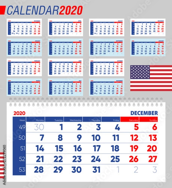 Fototapeta Quarterly calendar of 2020 with weekly numbers. English version. Vector illustration
