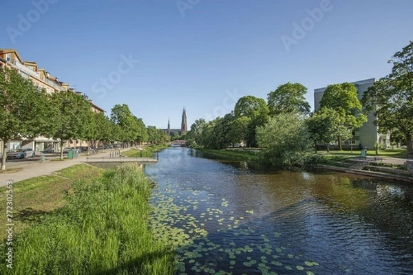Obraz Gorgeous view on town street with cathedral on background. Tourism, travel concept. Europe, Sweden, Uppsala.