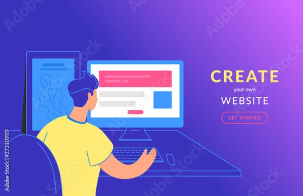 Obraz Create your own website flat vector illustration of young man sitting with pc and creating website