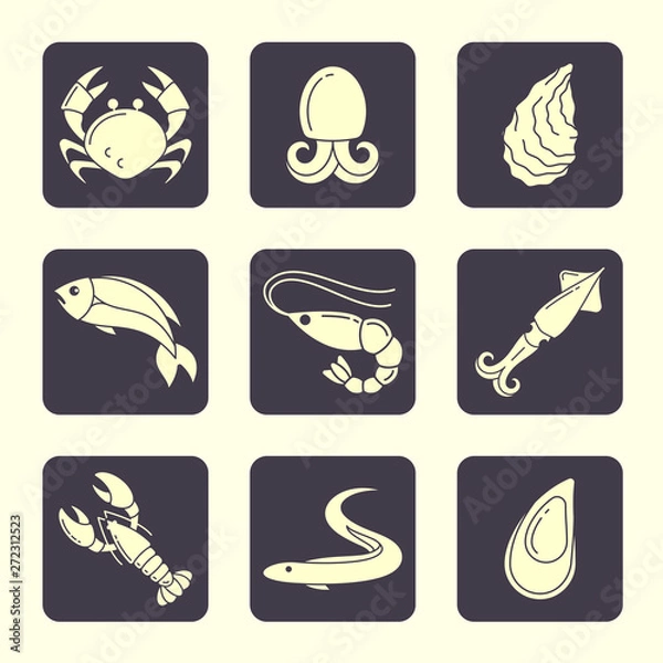 Fototapeta Icons set of seafood in flat style. Suitable for advertising or cafe menu decoration