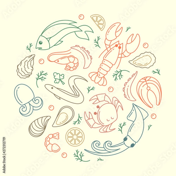 Fototapeta Round concept with seafood elements in linear style. Suitable for advertising or cafe menu decoration