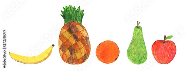 Fototapeta Set of images of fruits: orange, pineapple, banana, apple and pear. Drawing with colored pencils.