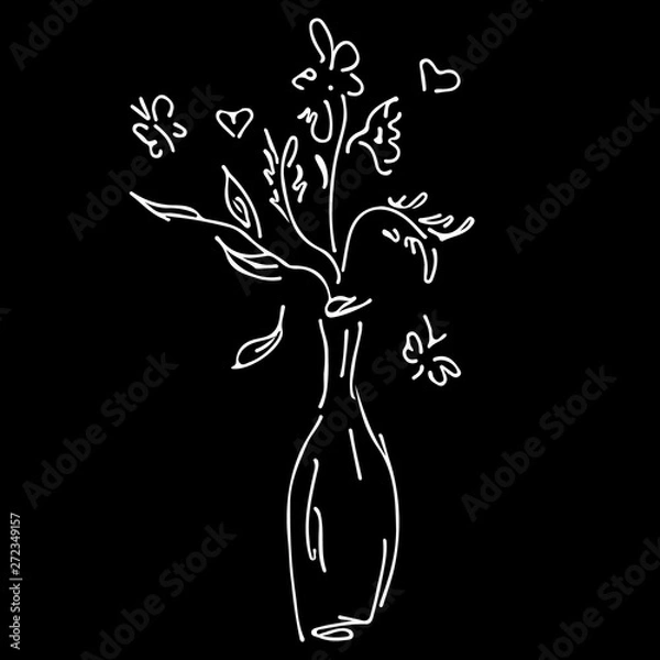 Fototapeta Abstract wild flowers bouquet isolated on black background. Hand drawn vector illustration. Outline icon