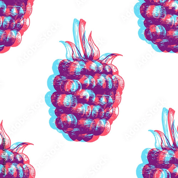 Fototapeta Fresh blackberry seamless pattern. Vector background with colorful fruits. Hand drawn engraving sketch. Anaglyph 3d stereo effect.