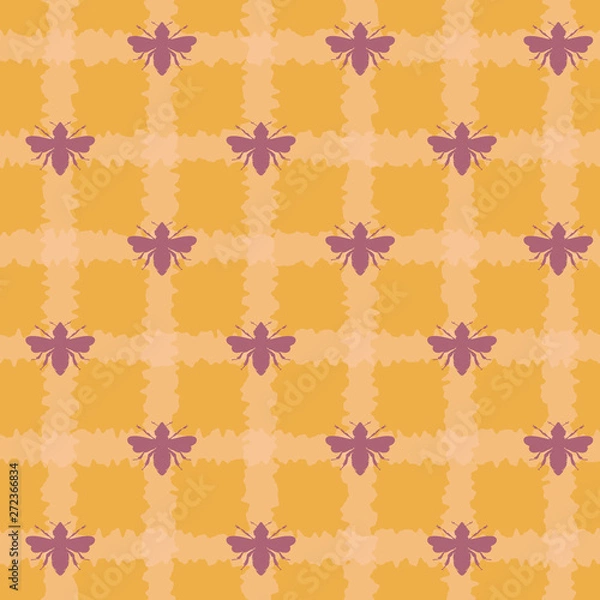 Obraz Vector Honey Bees on Plaid seamless pattern background.