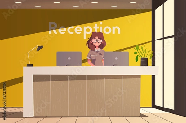 Fototapeta Reception desk. Hotel receptionist character. Cartoon vector illustration.