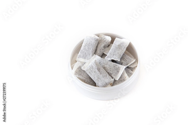 Fototapeta A box of Swedish snus on white background, Isolated.