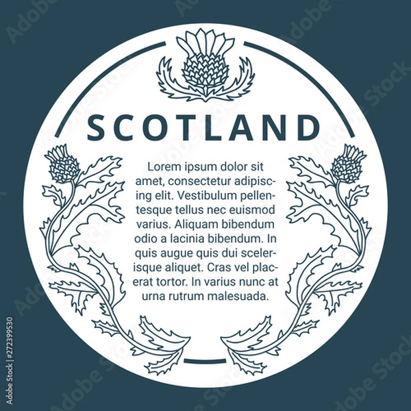 Fototapeta Scottish frame with thistle flower decor. Round shape