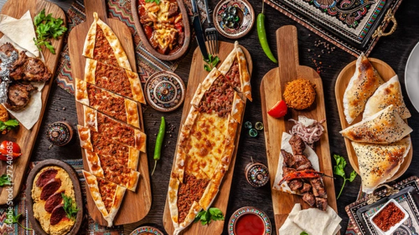 Obraz Traditional Turkish cuisine. Pizza, pita, pidesi, sucuk, hummus, kebab, bulgar. Many dishes on the table. Serving dishes in restaurant. Background image. Top view, flat lay