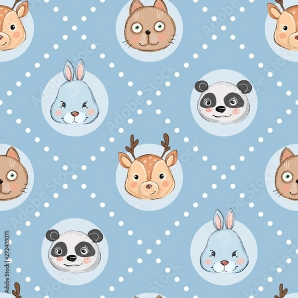 Obraz Colorful seamless pattern with muzzles of animals. Background with cute cat, deer, bunny and panda