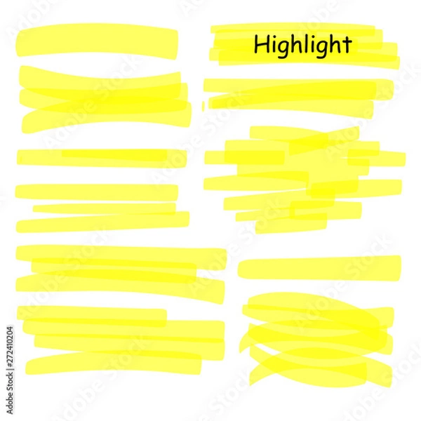 Fototapeta Hand drawn highlight marker lines set. Highlighter yellow strokes vector isolated on white background. Highlighter drawing design illustration.
