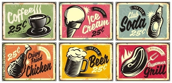Fototapeta Jedzenie i napoje kolekcja zabytkowych restauracji znaki. Zestaw retro reklam kawy, piwa, lodów, napojów gazowanych, grilla i smażonego kurczaka. Ilustracji wektorowych.