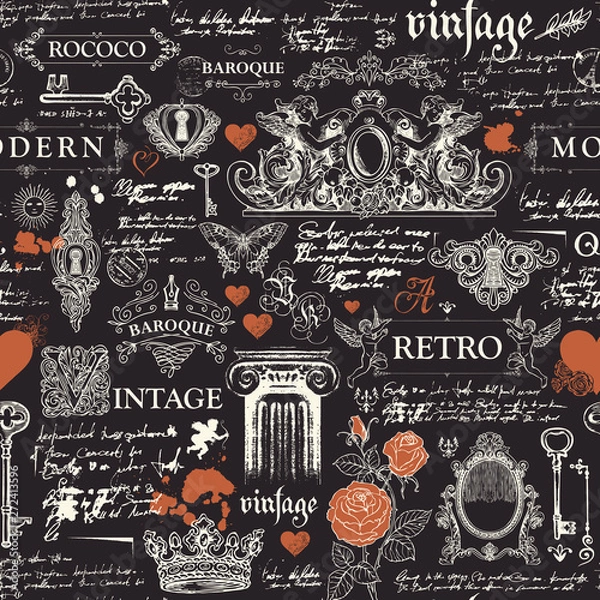 Fototapeta Vector seamless pattern, hand drawn background on the theme of vintage art objects, furniture and Antiques in retro style. Wallpaper, wrapping paper, textile, fabric or background for clothes