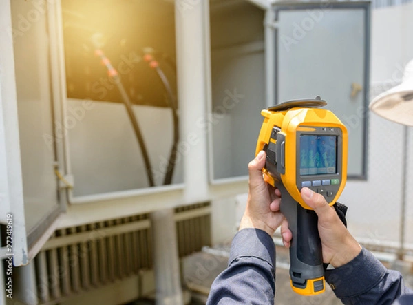 Fototapeta Technician use the thermoscan to check temperature in transformer