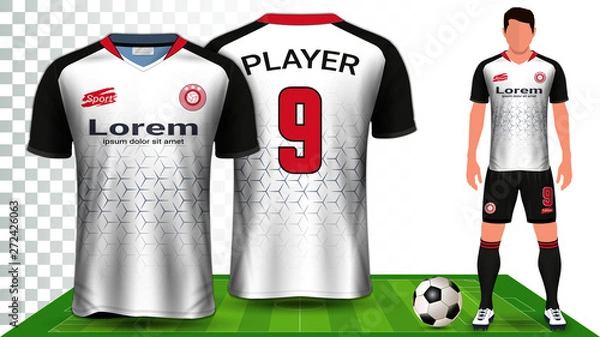 Fototapeta Soccer Jersey, Sport Shirt or Football Kit Uniform Presentation Mockup Template, Front and Back View Including Shorts and Socks and it is Fully Customization Isolated on Transparent Background.