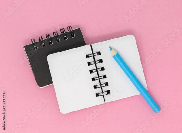 Fototapeta Two notebooks on a pink background with a blue pencil, top view.
