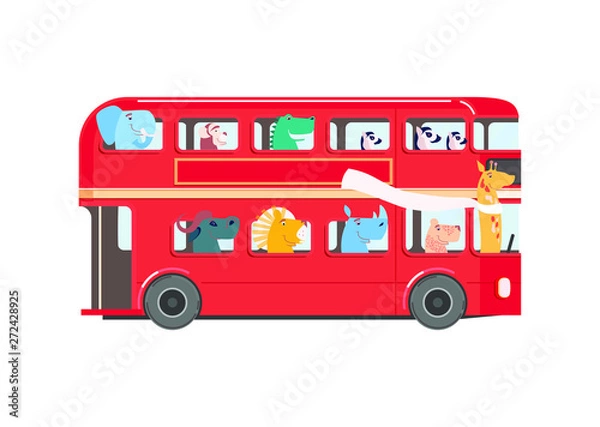 Fototapeta Cute african animals in red bus. Vector cartoon.
