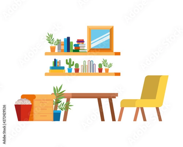 Fototapeta living room with couch and bookshelf of books