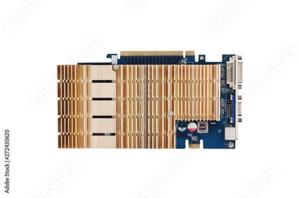 Fototapeta One graphic card with big metal radiator for computer isolated on white. Top view