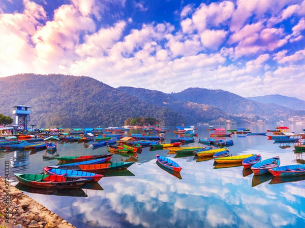 Obraz Colorful Nepal Boats Parking in Phewa lake Pokhara.