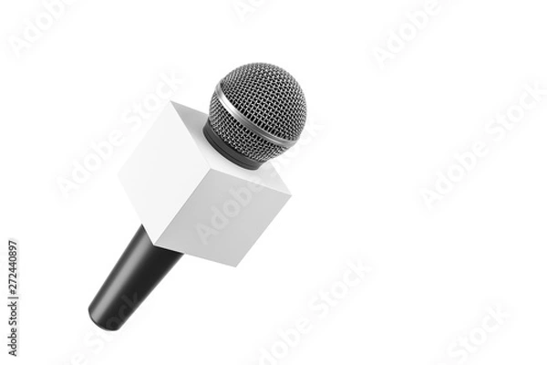 Fototapeta Black microphone with blank box isolated over white background.