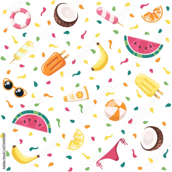 Fototapeta Seamless summer pattern. Bright colorful citrus fruits, ice-cream, coconut, watermelon, banana. Yellow, red, orange colors. Simple modern design. Tropical background. Flat style vector illustration.