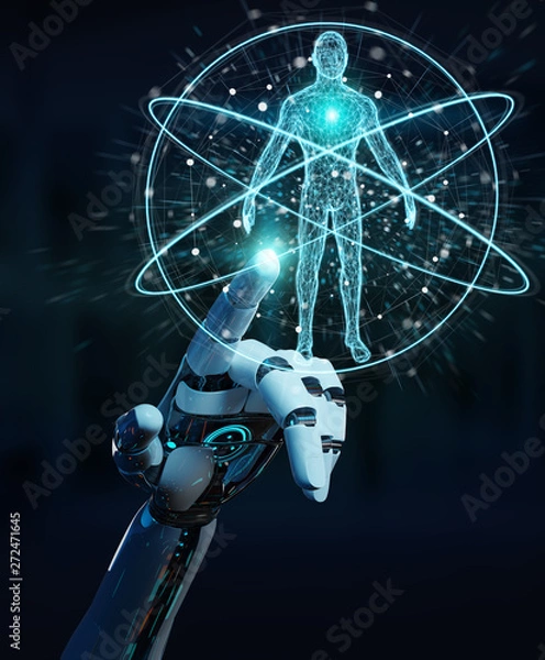 Obraz White robot hand scanning human body 3D rendering