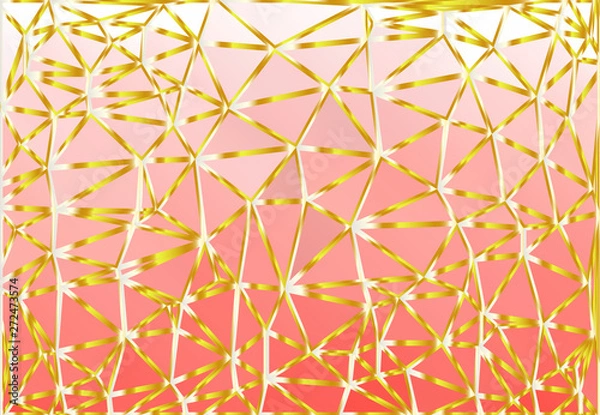 Fototapeta Coral color premium background with luxury polygonal pattern and gold triangle lines.
