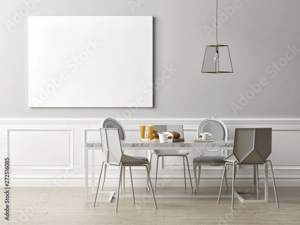 Fototapeta Poster in dining room, Scandinavian style 3d rendering, 3d illustration