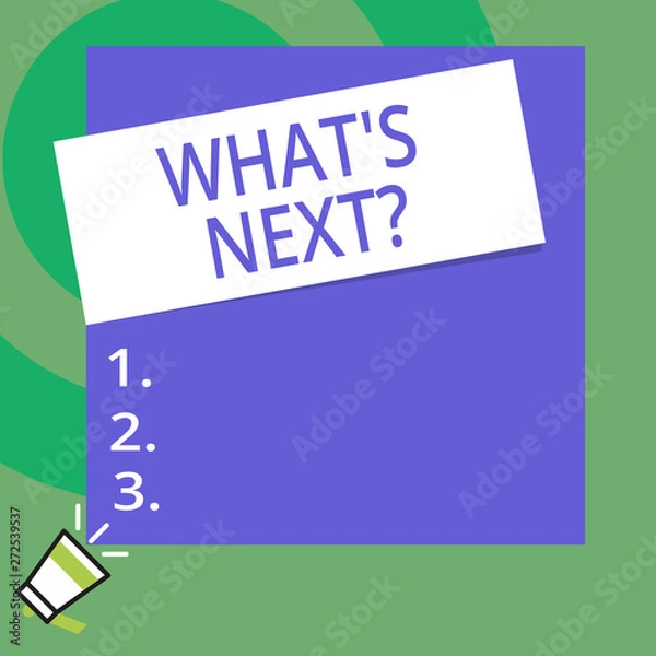 Fototapeta Conceptual hand writing showing What S Next Question. Concept meaning asking demonstrating about his coming action or behavior Big Square rectangle stick above small megaphone left down corner