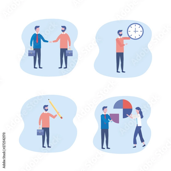 Fototapeta set of businesswomen and businessmen with suitcase and diagram information