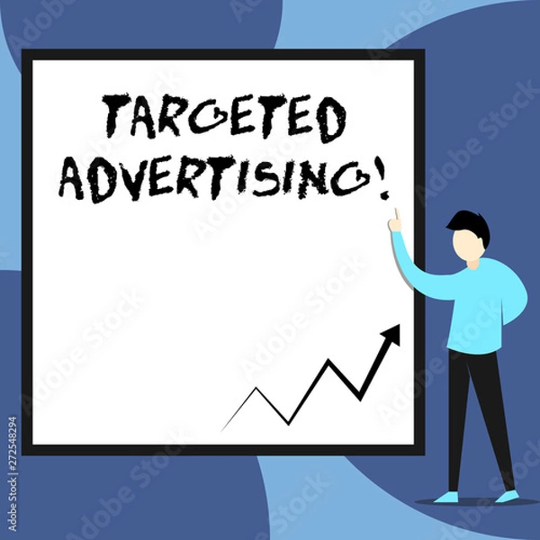 Fototapeta Word writing text Targeted Advertising. Business photo showcasing Online Advertisement Ads based on consumer activity View young man standing pointing up blank rectangle Geometric background