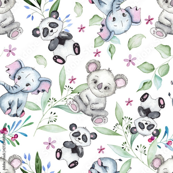 Fototapeta Hand-drawn watercolor children’s animals seamless patterns with cute lion, giraffe, elephant, Rhino, monkey, Zebra, crocodile, iguana, wombat, Panda, Koala 