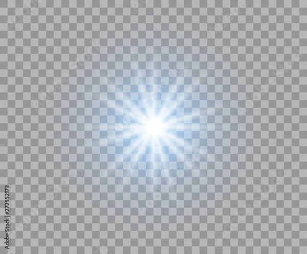Obraz Blue flash glowing with radial rays. Abstract sun. Bright burst of light. Vector Christmas design element isolated on a transparent background.
