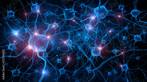 Fototapeta Renderowanie 3D komórek neuronów ze świecącym w ludzkim mózgu