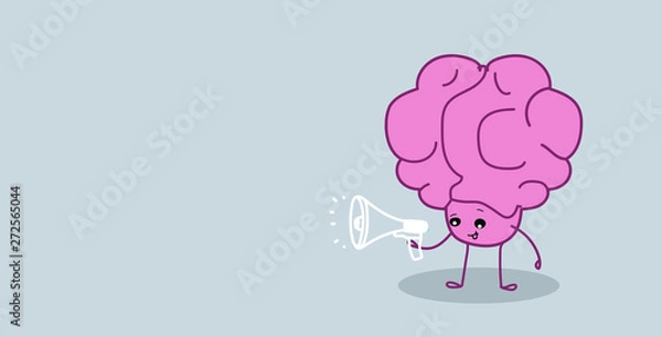 Fototapeta human brain organ holding megaphone loudspeaker announcement promotion concept kawaii style pink cartoon character horizontal sketch hand drawn