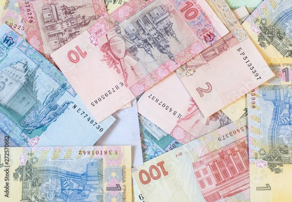 Obraz Hryvnia paper bill. Notes in denominations of one, two, five, ten, twenty, fifty and one hundred hryvna. Uah. Cash. Background texture. Ukrainian money.