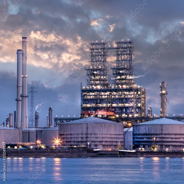 Obraz Petrochemical industry next to a river with a dramatic cloudy sky at twilight, Port of Antwerp, Belgium.
