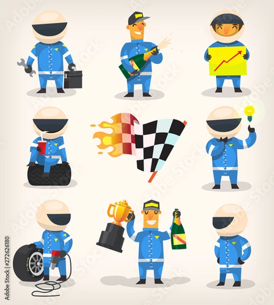 Obraz Zestaw kolorowych uczestników wyścigów, mistrzów, inżynierów i pracowników pit stopów w kaskach i trzymających szampana. Ilustracje postaci wektorów na białym tle.
