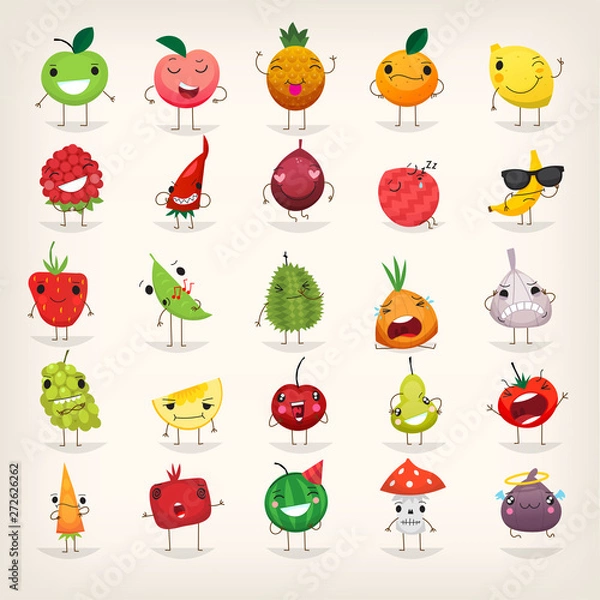 Obraz Set of colorful fruit characters with cool and happy faces. Fruit and food emoticons.