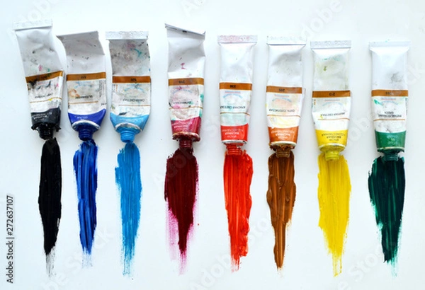 Fototapeta Oil paints in tubes. Color palette. Art store, studio, exhibition.