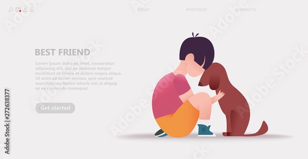 Fototapeta Kid hugs the dog. Hugs with animals. Cartoon vector illustration for a landing page banner