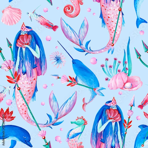 Fototapeta Gouache seamless fantasy underwater pattern with water nymph on blue background