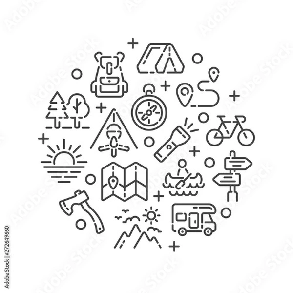 Obraz Line design with summer camping trip or tourism elements isolated on white background. Vector illustration.